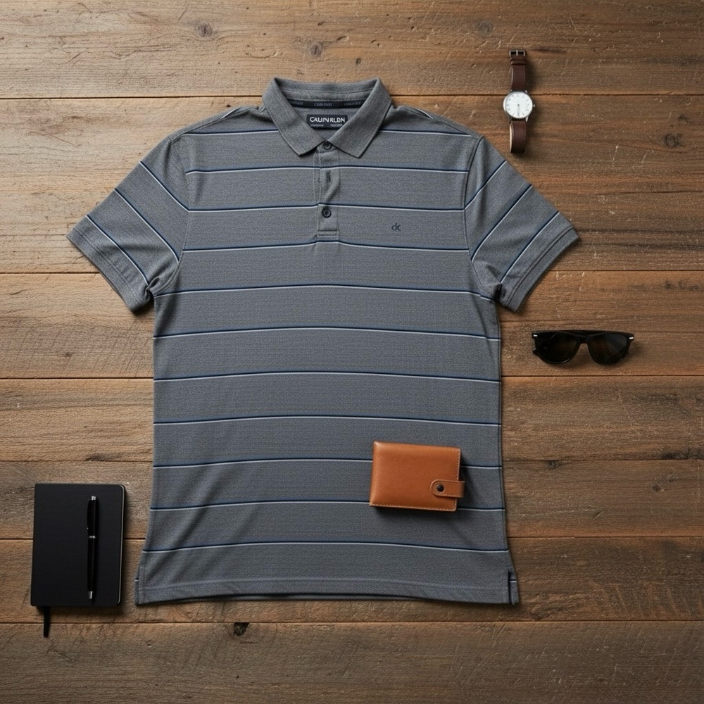 Calvin Klein Men’s Polo Shirt XL – Gray & Blue Striped Cotton Short Sleeve